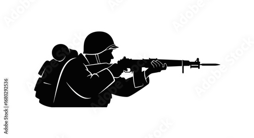 Silhouette of a Soldier Aiming a Rifle, Symbolizing Military Service and National Defense. Suitable for military themed projects or educational materials.