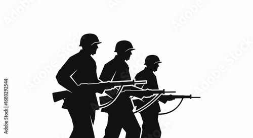 Silhouetted Soldiers Marching Forward with Rifles, Illustrating Military Strength and Dedication for Historical Documentaries and Patriotic Memorials.
