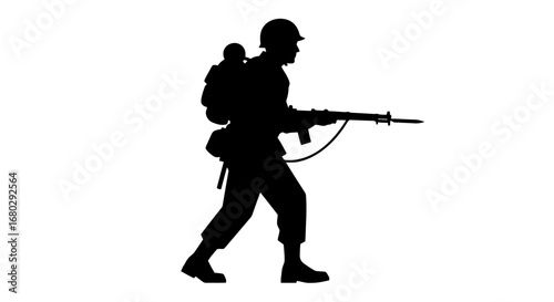 Silhouette Illustration of a Soldier with Rifle and Backpack, Ideal for Military History, Memorials, or Illustrative Projects related to Armed Forces.