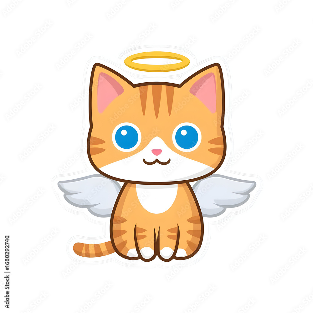 Obraz premium A cute cartoon cat with angel wings and a halo, symbolizing innocence and joy, perfect for children's themes and whimsical designs.