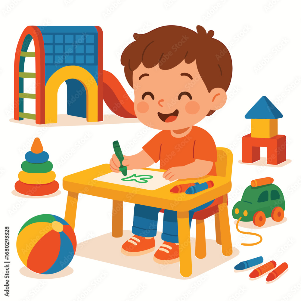 Naklejka premium Child coloring book at small table, flat 2D cartoon vector illustration