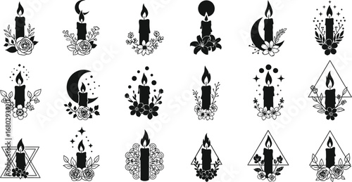Mystical Candle and Celestial Silhouette Vector Bundle" or "Witchy Candle and Floral Moon Icons"