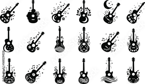 Decorative Guitar and Music Note Silhouettes Collection" or "Artistic Guitar Icons with Musical and Abstract Elements