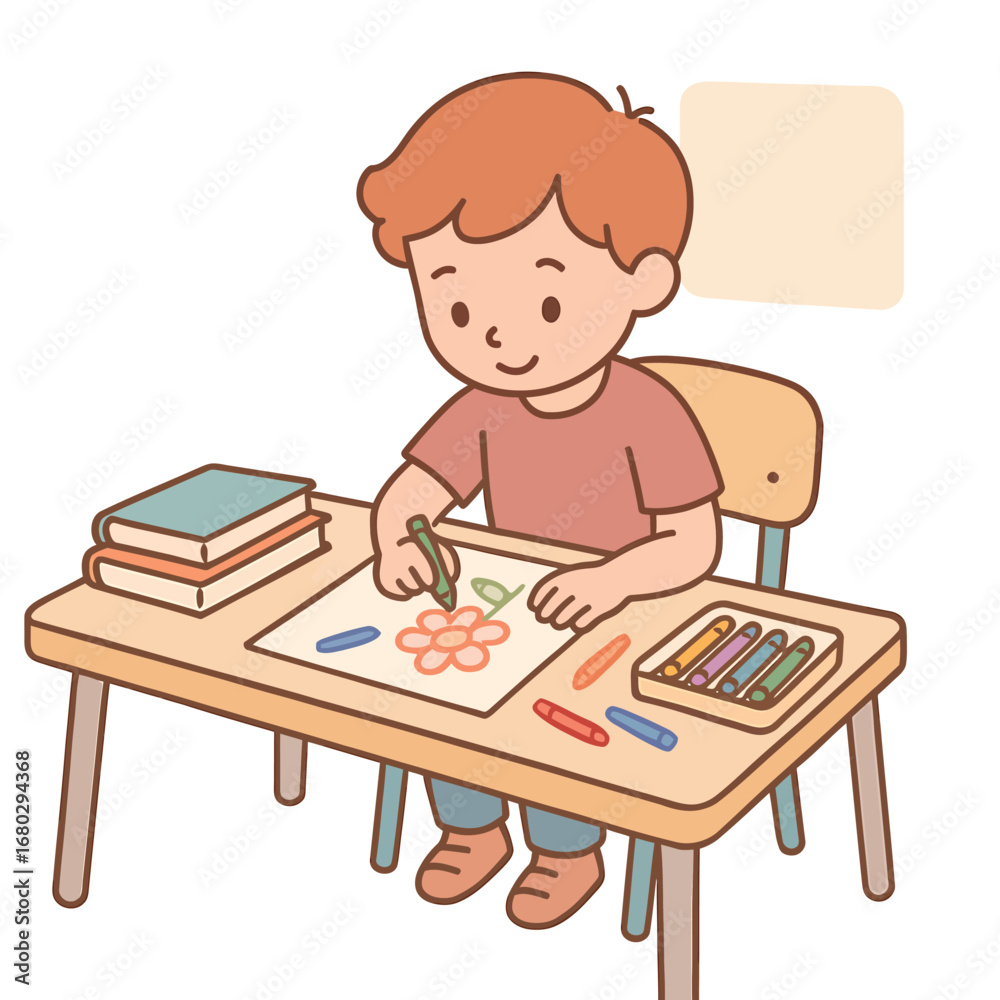 Obraz premium Child showing drawing at small desk, cute flat 2D pastel illustration