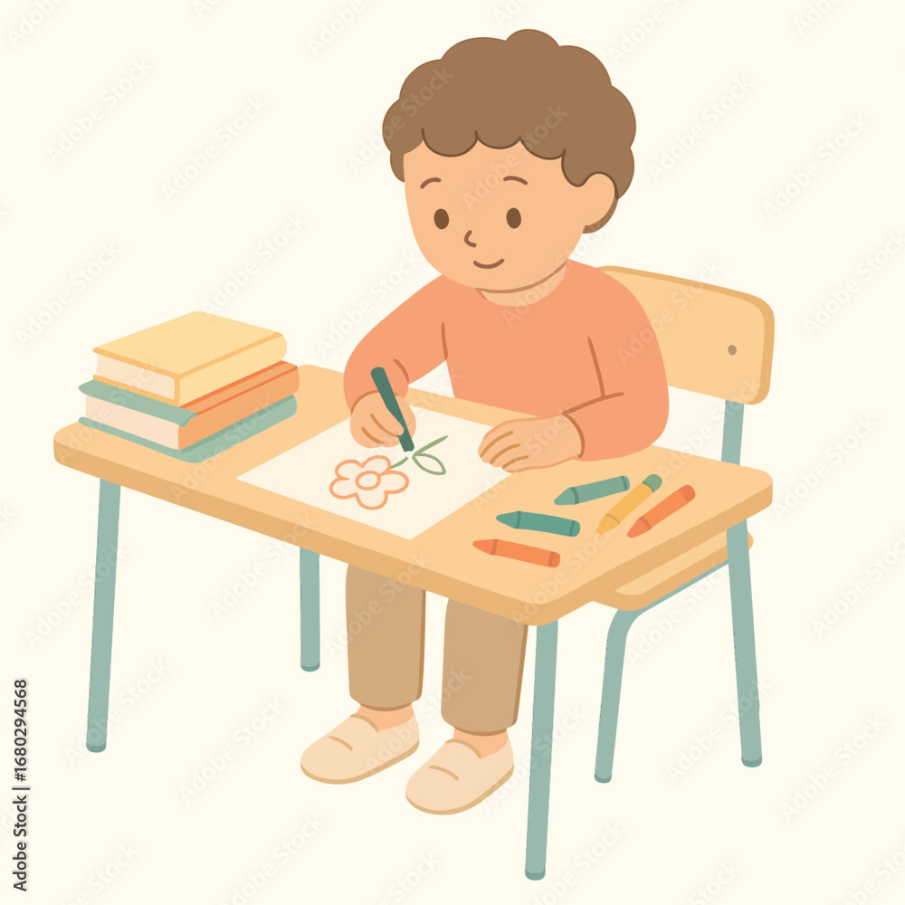 Naklejka premium Boy drawing separately at small tables, flat cartoon vector design