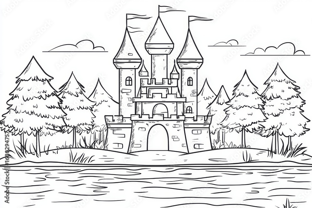 Fototapeta premium Enchanting castle with turrets coloring page for kids, simple black and white vector line art with trees by water