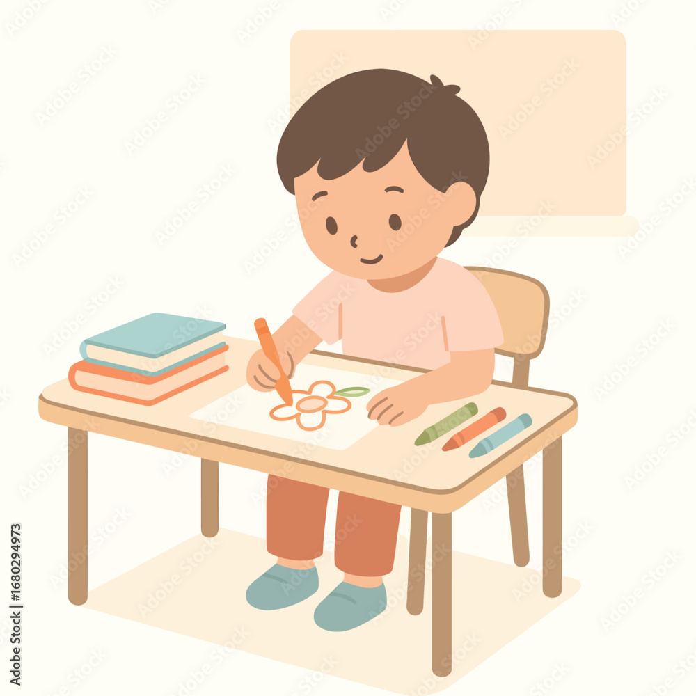 Naklejka premium Toddler with coloring book and crayons at table, flat cartoon vector art