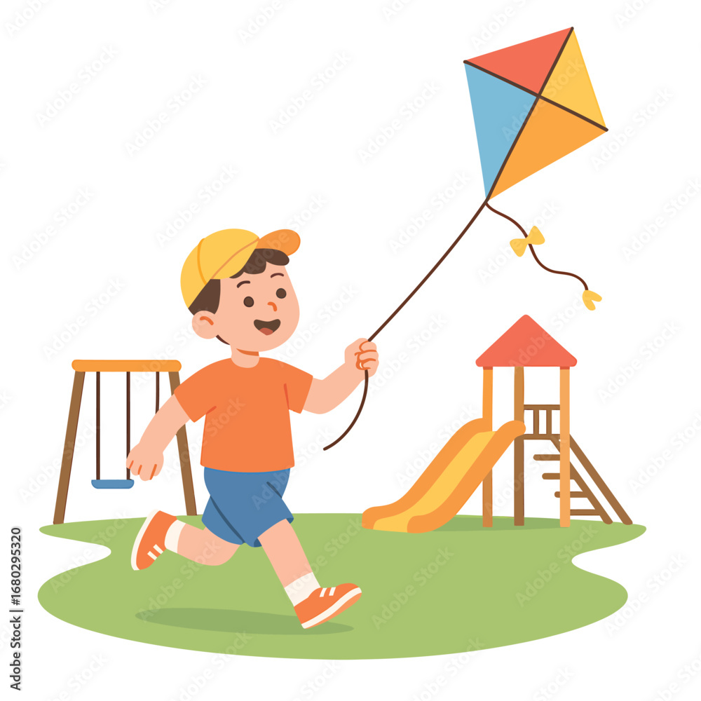 Obraz premium Happy child flying kite above playground grass, pastel 2D vector art