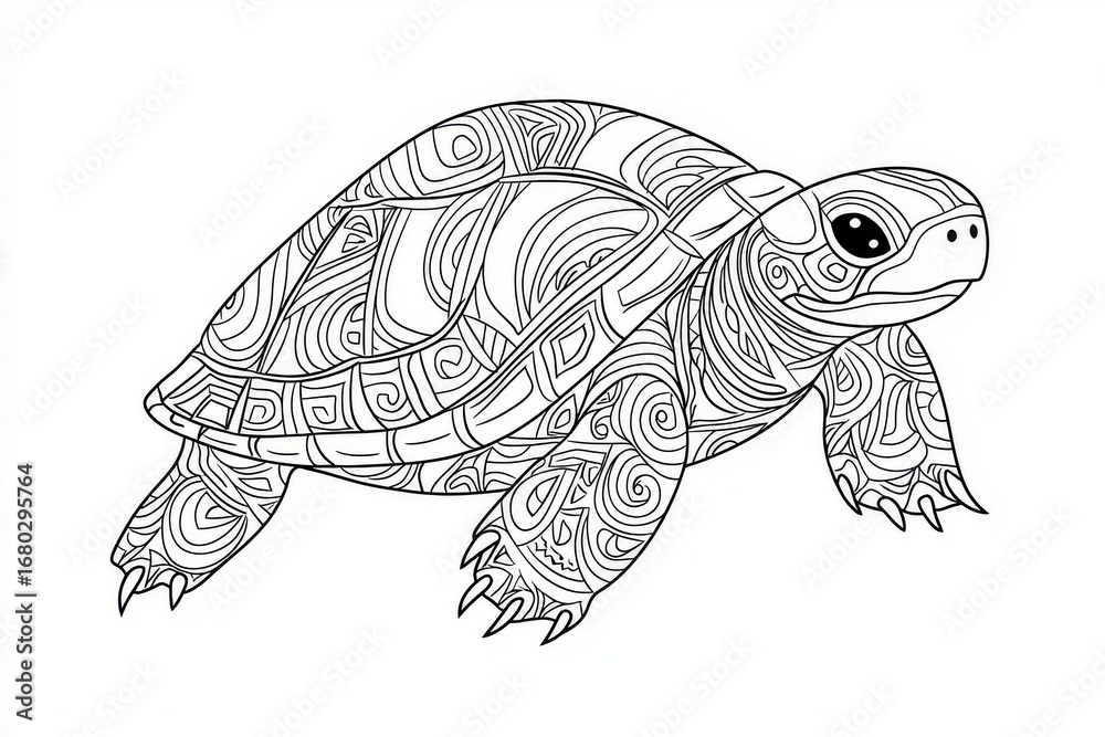 Fototapeta premium Cute cartoon turtle coloring page for kids, simple vector line art with thick black outline, swirly shell pattern, no shading