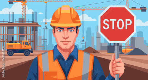 Construction Worker Holding Stop Sign at Building Site with Cranes and Heavy Machinery, Ensuring Safety and Order