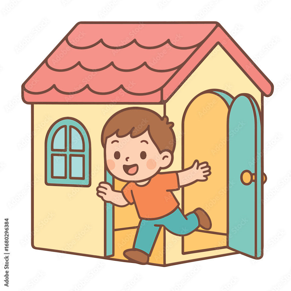 Naklejka premium Playhouse in indoor playground with child playing, flat vector design
