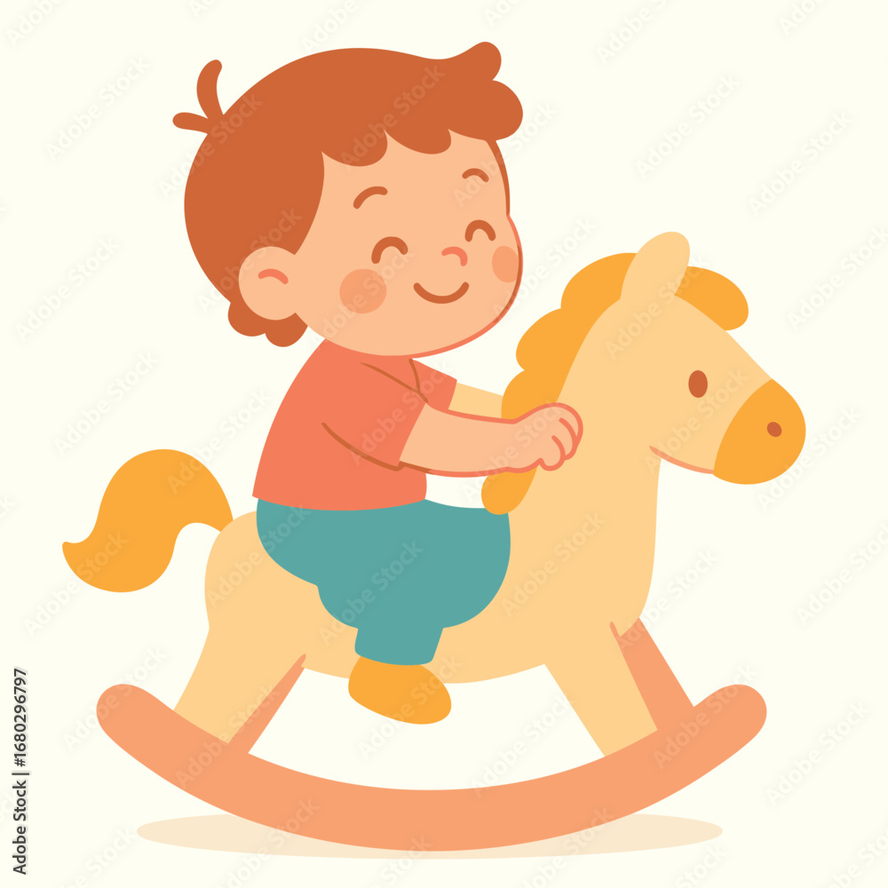 Fototapeta premium Toddler sitting on rocking horse in playground, cartoon flat design