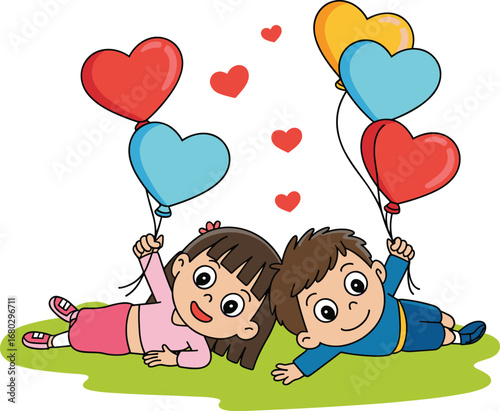 Happy boy and girl lying on the grass, holding heart-shaped balloons, celebrating love, friendship, and childhood joy.