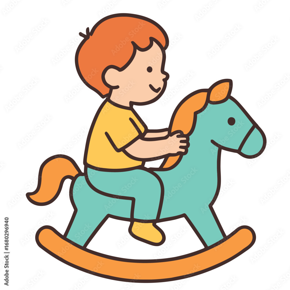 Fototapeta premium Indoor playground rocking horse with child, 2D flat cartoon style