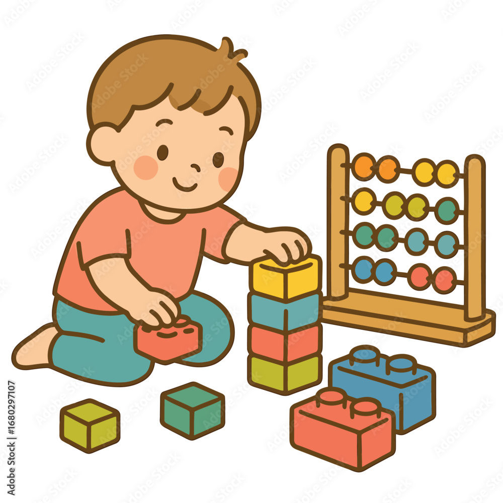 Naklejka premium Child stacking colorful building blocks, 2D flat vector illustration