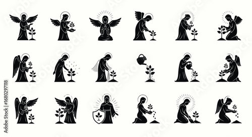 Angels Nurturing Growth Icon Set