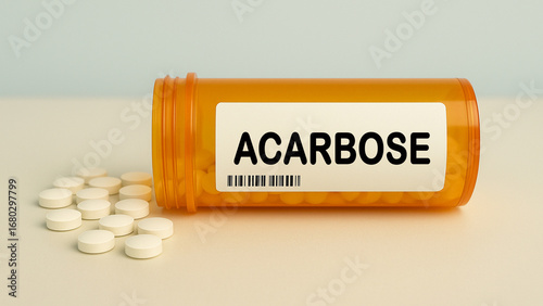 Box of ACARBOSE tablets on a hospital pharmacy table used to lower blood sugar in type 2 diabetes an alpha glucosidase inhibitor.