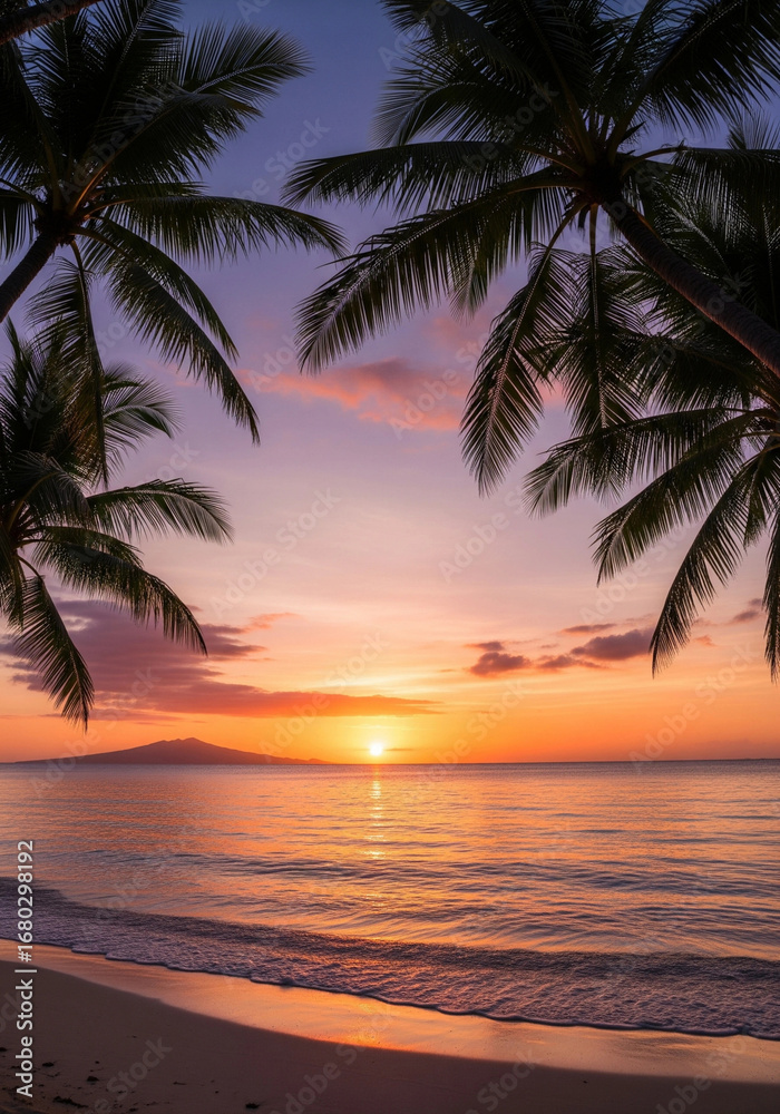 Obraz premium Romantic tropical island sunset with palm silhouettes, crystal clear waters reflecting.