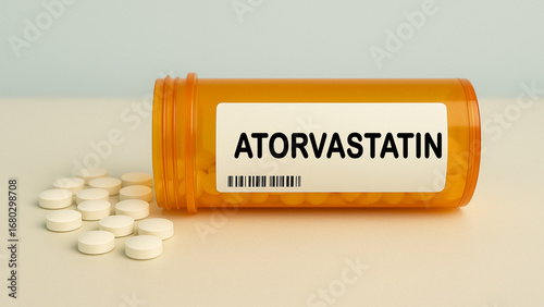 Box of ATORVASTATIN tablets on a hospital pharmacy table used to lower cholesterol a statin lipid lowering drug.