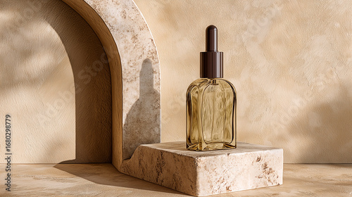 Luxury Perfume Bottle on Stone Arch Podium Minimal Scene