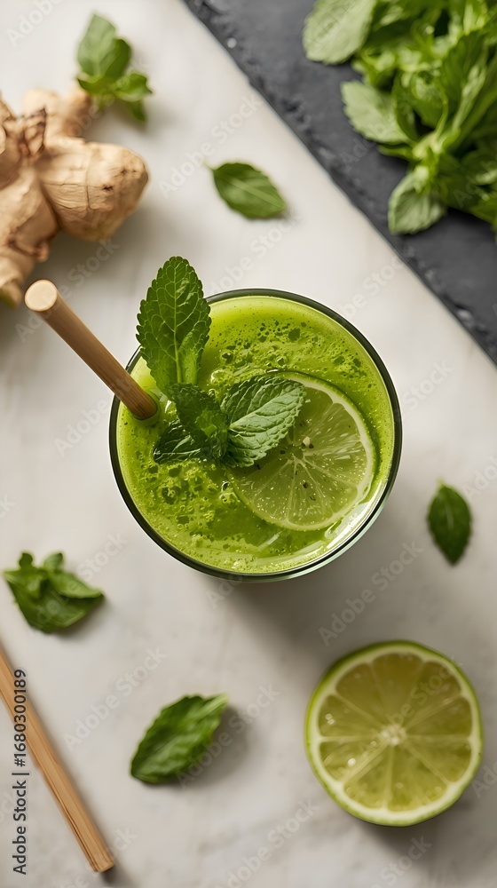 Obraz premium Fresh Green Juice with Mint, Lime, and Ginger.