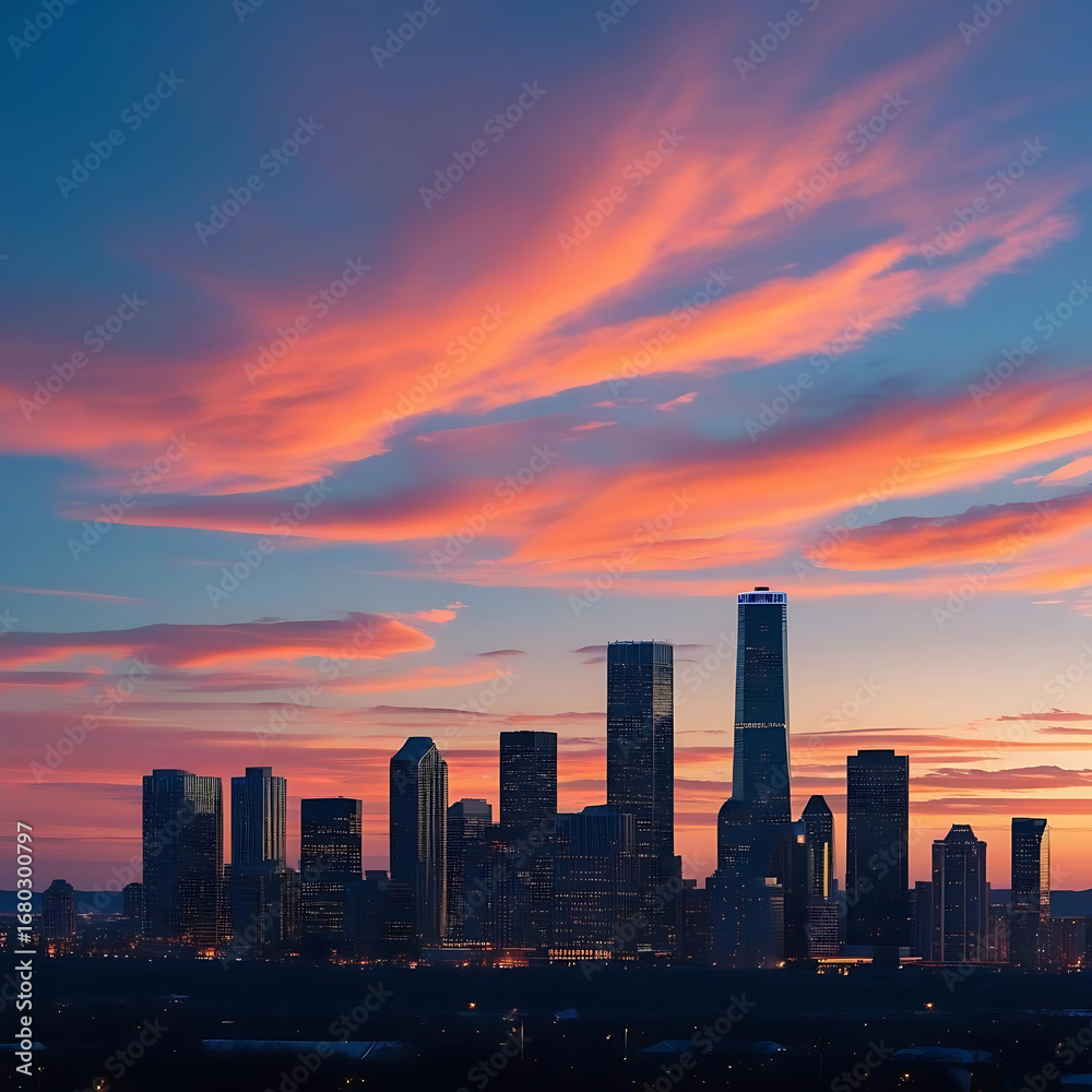 Fototapeta premium Distant skyline glowing under vivid streaks of colorful twilight clouds