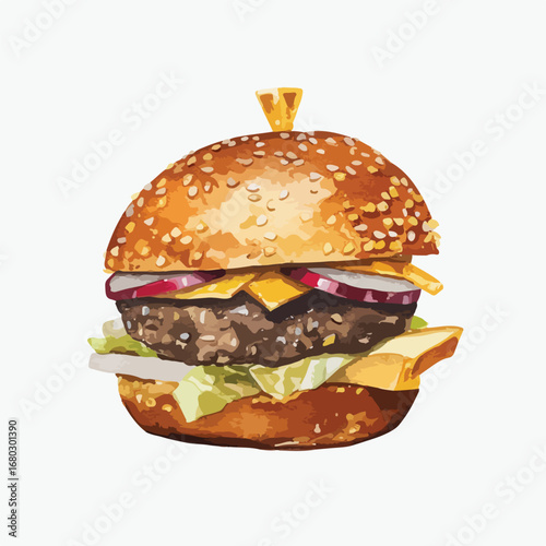 Deliciously Detailed Watercolor Burger with Sesame Seed Bun and Skewer
