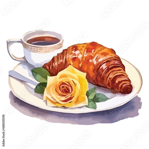 Delightful Breakfast Croissant Coffee and a Yellow Rose on a Plate