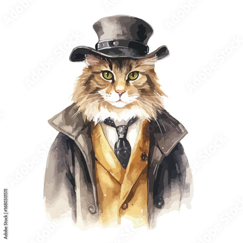 Dapper Cat in Top Hat and Coat Watercolor Portrait Illustration