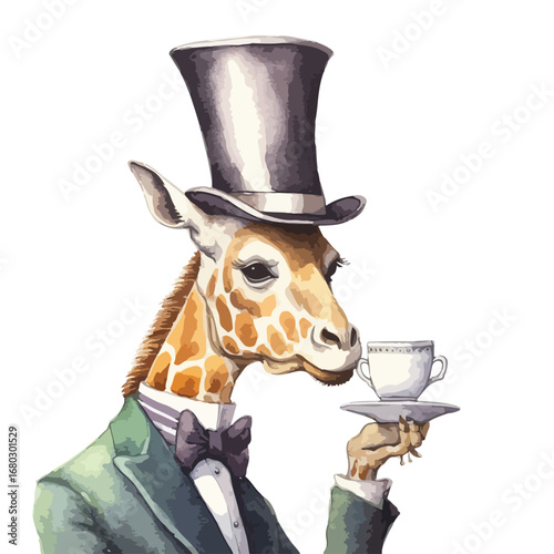 Dapper Giraffe in Top Hat Enjoying Tea Holding Cup and Saucer Elegantly
