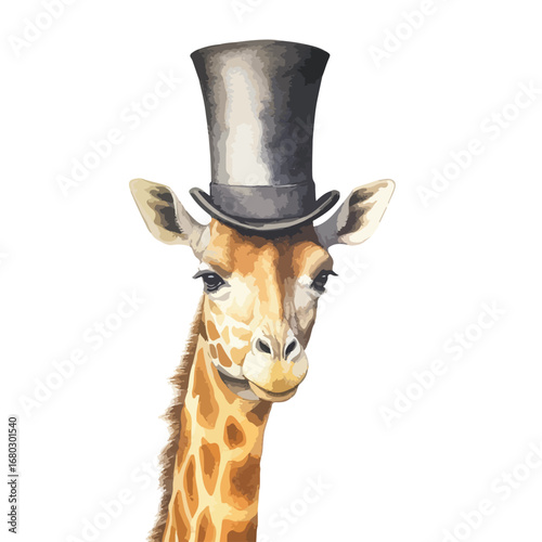 Dapper Giraffe Wearing a Top Hat Smiling with Gentle Expression