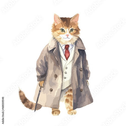 Dapper Feline in Trench Coat and Suit Holding a Cane Watercolor Style