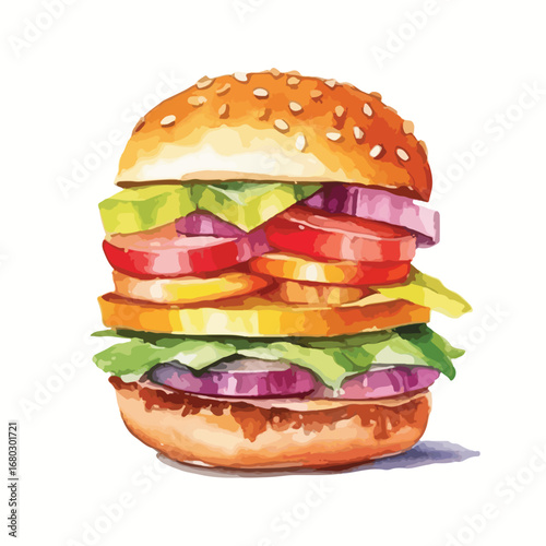 Delicious Watercolor Burger with Layered Vegetables and Sesame Seed Bun