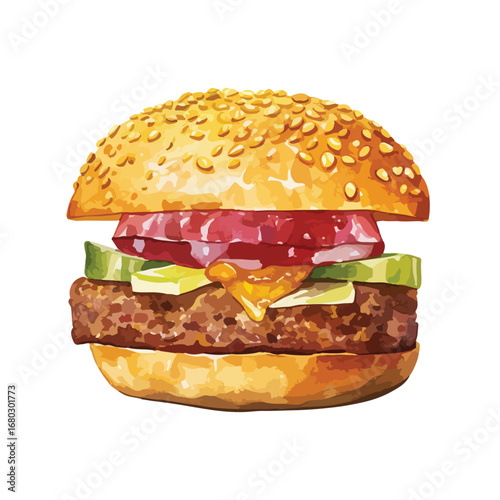 Delicious Watercolor Burger with Sesame Seed Bun and Fresh Ingredients (1)