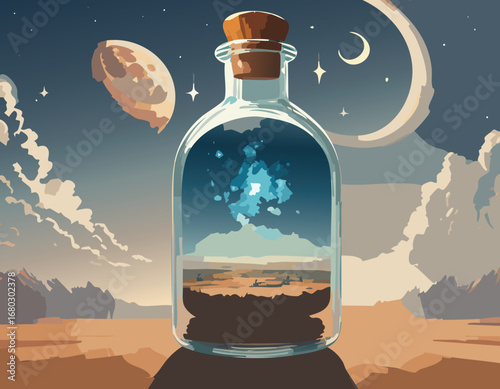 lending elements of Earth and space into a single, enclosed world. Outside the bottle, planets and crescent moons float against 