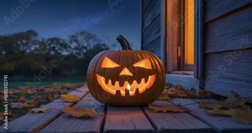 Spooky Halloween Jack-o'-lantern on Porch at Night