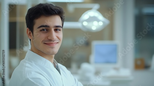 Young male dentist smiling in dental clinic with copy space on bright white background