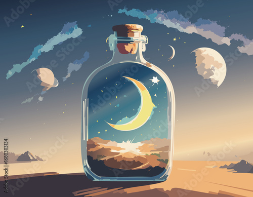 A symbolic landscape in a bottle, teaching children about the unity of Earth and space.

