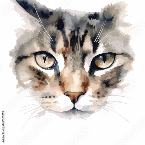 Detailed Watercolor Portrait of a Domestic Cats Face Focused Eyes