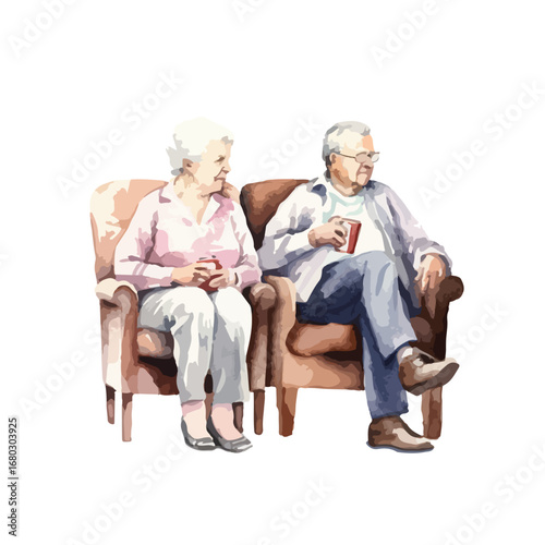 Elderly Couple Relaxing in Armchairs with Warm Drinks