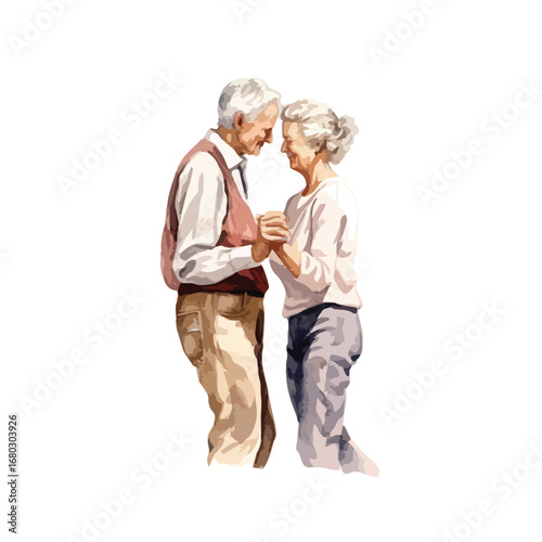 Elderly Couple Tenderly Holding Hands Watercolor Style Portrait