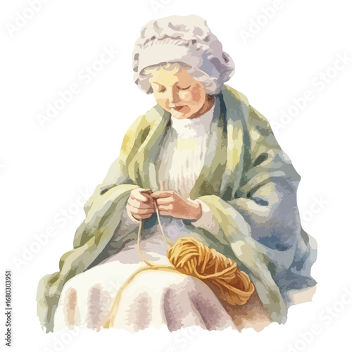 Elderly woman knitting with a ball of golden yarn wearing a bonnet and shawl