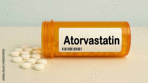 Box of ATORVASTATIN tablets on a hospital pharmacy table used to lower cholesterol a statin lipid lowering drug.