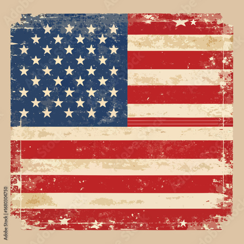 A vintage grunge-style vector American flag with rough textures, faded colors, and distressed edges.