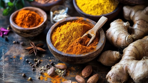 Assorted spices and roots arranged on a dark wooden surface.
