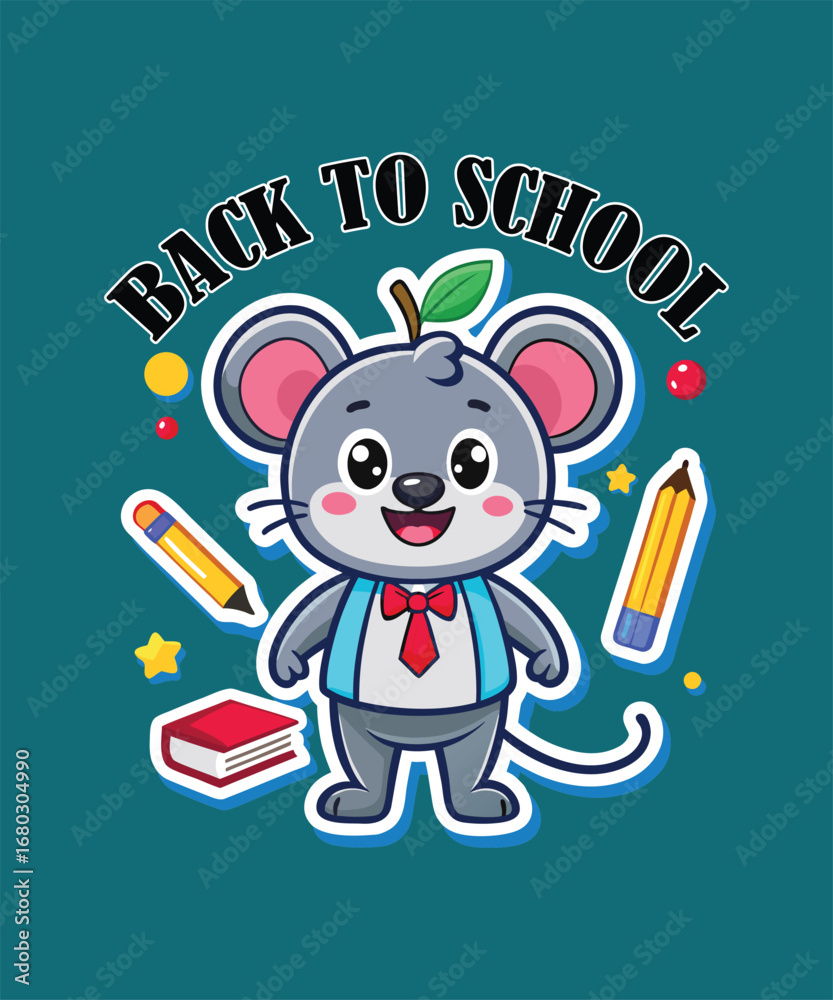 Fototapeta premium Back to School A cute cartoon mouse ready for class with a book and pencils.