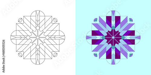 Geometric Mandala Design with Symmetrical Patterns and Intricate Details, Featuring Contrasting Black and White and Colorful Variations on a Split Screen