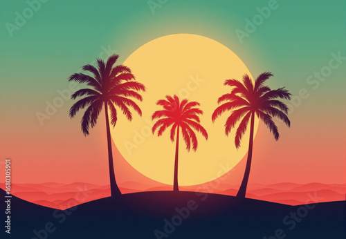Three Palm Trees at Sunset Silhouette