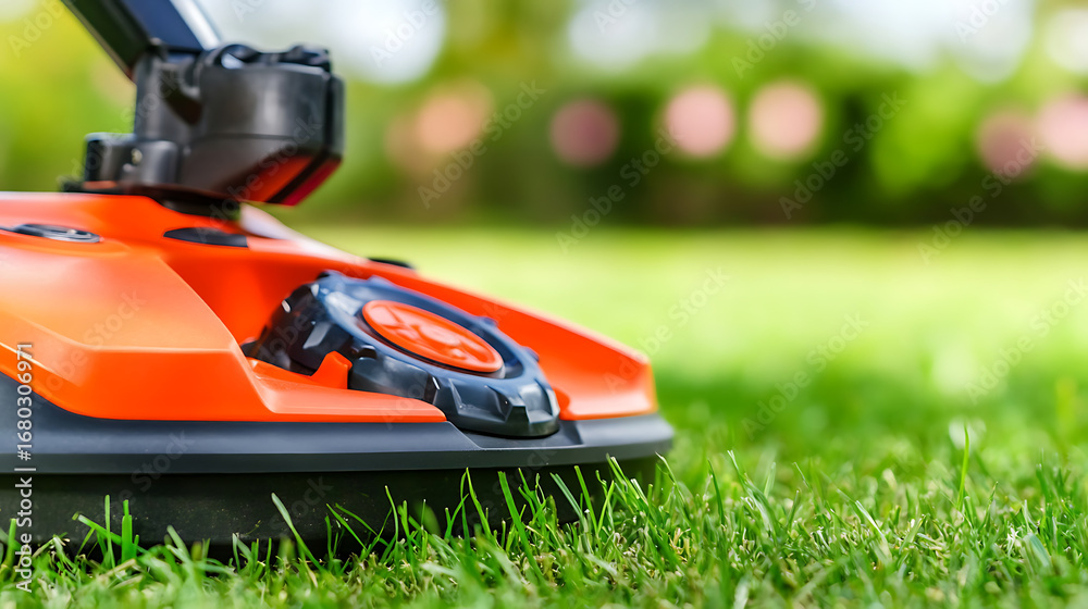 Fototapeta premium Orange Lawn Mower Cutting Green Grass in a Garden