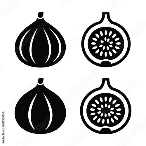 Simple black and white icons of whole and halved figs